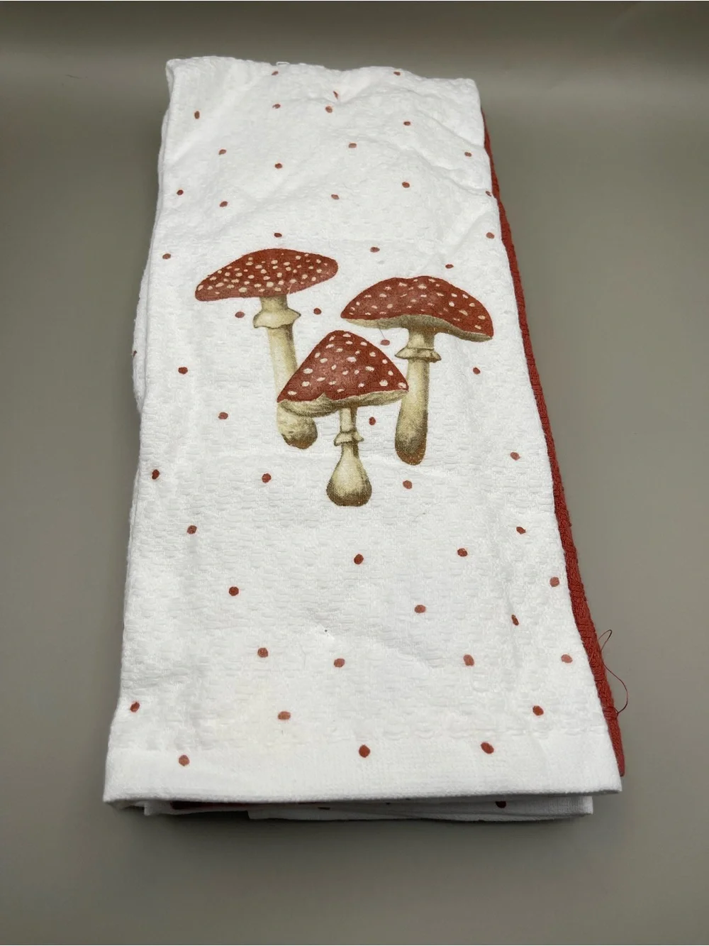 Mushroom Print Kitchen Towel - White with Rust Dots